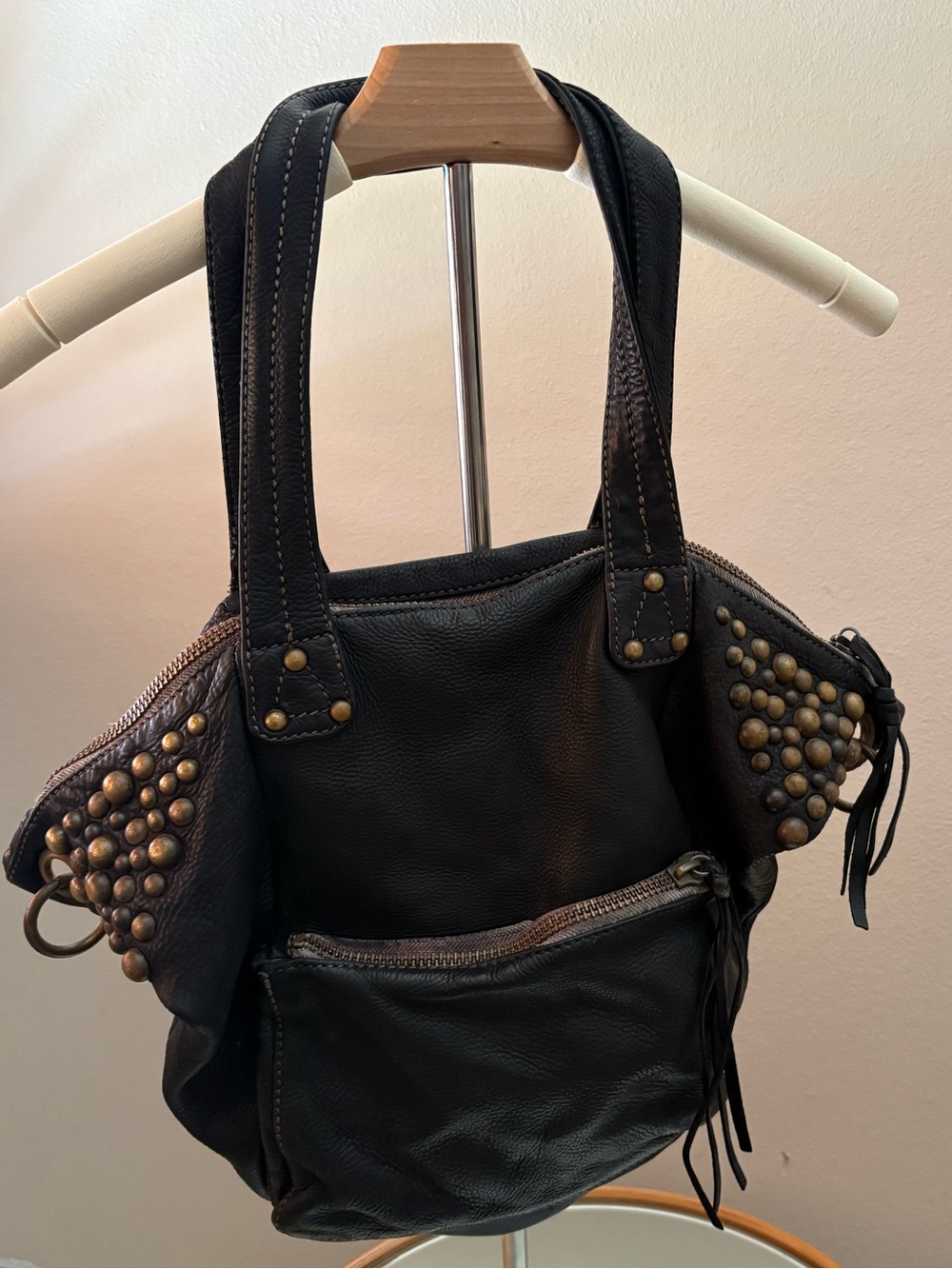 Free People Studded Leather Tote | Slouchy Boho Distressed Bag